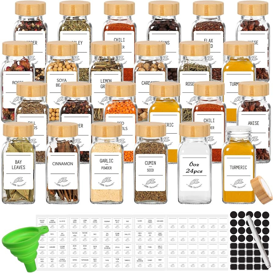 Keketin 6 oz Glass Spice Jars with Bamboo Lids, 24 Pack Empty Seasoning Bottles with Airtight Sha... | Amazon (US)