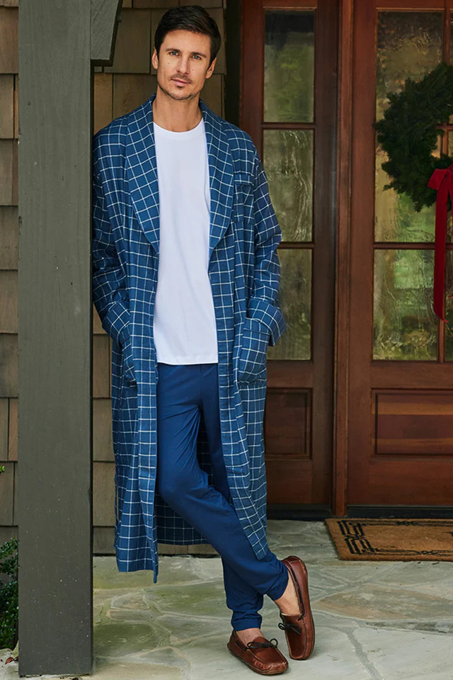 Men's Flannel Robe in Navy Windowpane | LAKE Pajamas