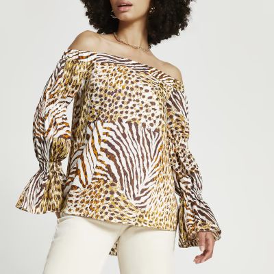 Brown long sleeve tiered sleeve bardot top | River Island (UK & IE)