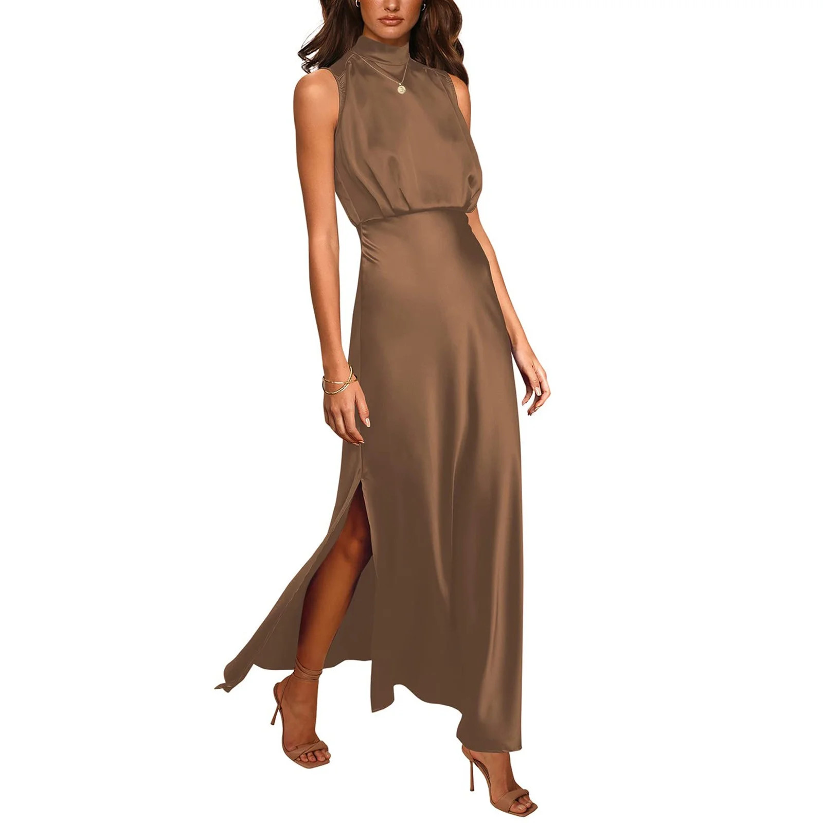 ZHOGXU Women's Dress Sleeveless Stand Collar Solid Color Side Split Fashion Comfortable Satin Maxi Dresses For Casual Daily Wear,Khaki,Xxl | Walmart (US)