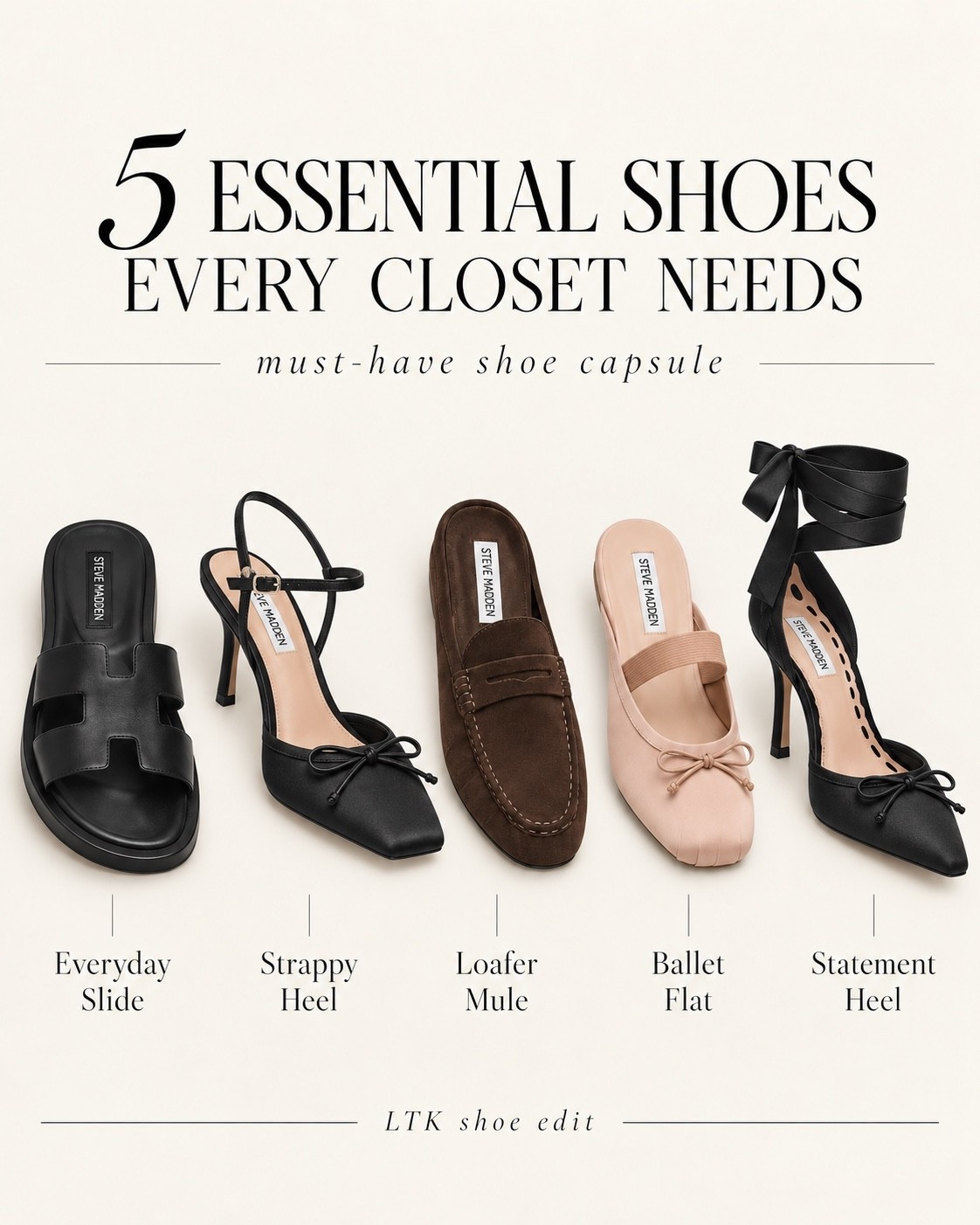 The 5 essential shoes every closet needs 👠✨ Steve Madden has select styles up to 30% off, so this is the perfect time to grab those go-to pairs you’ll wear on repeat.

From everyday slides and ballet flats to a classic loafer, strappy heel, and the prettiest ballet-inspired statement heel — these are the styles that can take you from casual days to work, brunch, date night, and events.

Shop the sale while your size is still available 🤍

#LTKStyleTip #LTKShoeCrush #SteveMadden #SteveMaddenSale #ShoeSale #ClosetEssentials #MustHaveShoes #FallShoes #FallStyle #BalletFlats #Loafers #Heels #CapsuleWardrobe #EverydayStyle

#LTKmomlife #LTKSaleAlert #LTKWorkwear