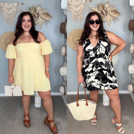 Abercrombie curvy Spring + vacation dresses 🌼🖤 Yellow puff sleeve is a romper/skort style with built in shorts. Black and white dress has an open back and sequin detail design. Used a micro stitch tool for the low neckline. Both size XL. Promo code to save at checkout: AFLTK 

#LTKSpringSale #LTKplussize #LTKstyletip
