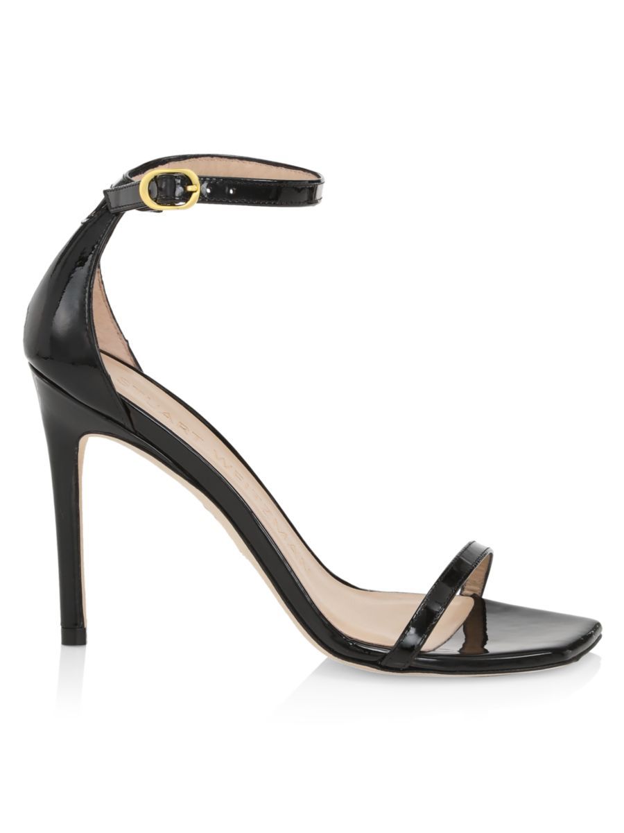 Shop Stuart Weitzman Nudistcurve Patent Leather Ankle-Strap Stiletto Sandals | Saks Fifth Avenue | Saks Fifth Avenue