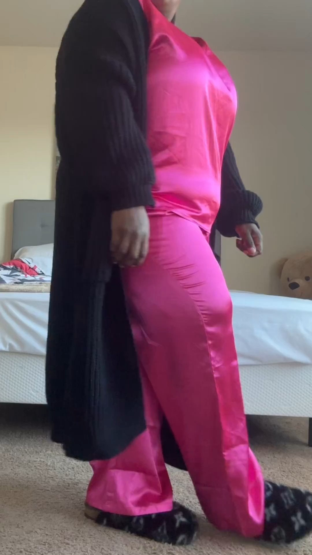 This is not only a good loungewear fit but it’s also great for Valentine’s day.  it’s a satin pajama set. The black cardigan just made it a little bit more comfy and warm.  #comfy #loungewear #valentinesday #pinkpajamas #loungewear #satinpajamas

#LTKootd #LTKPlusSize #LTKOver40