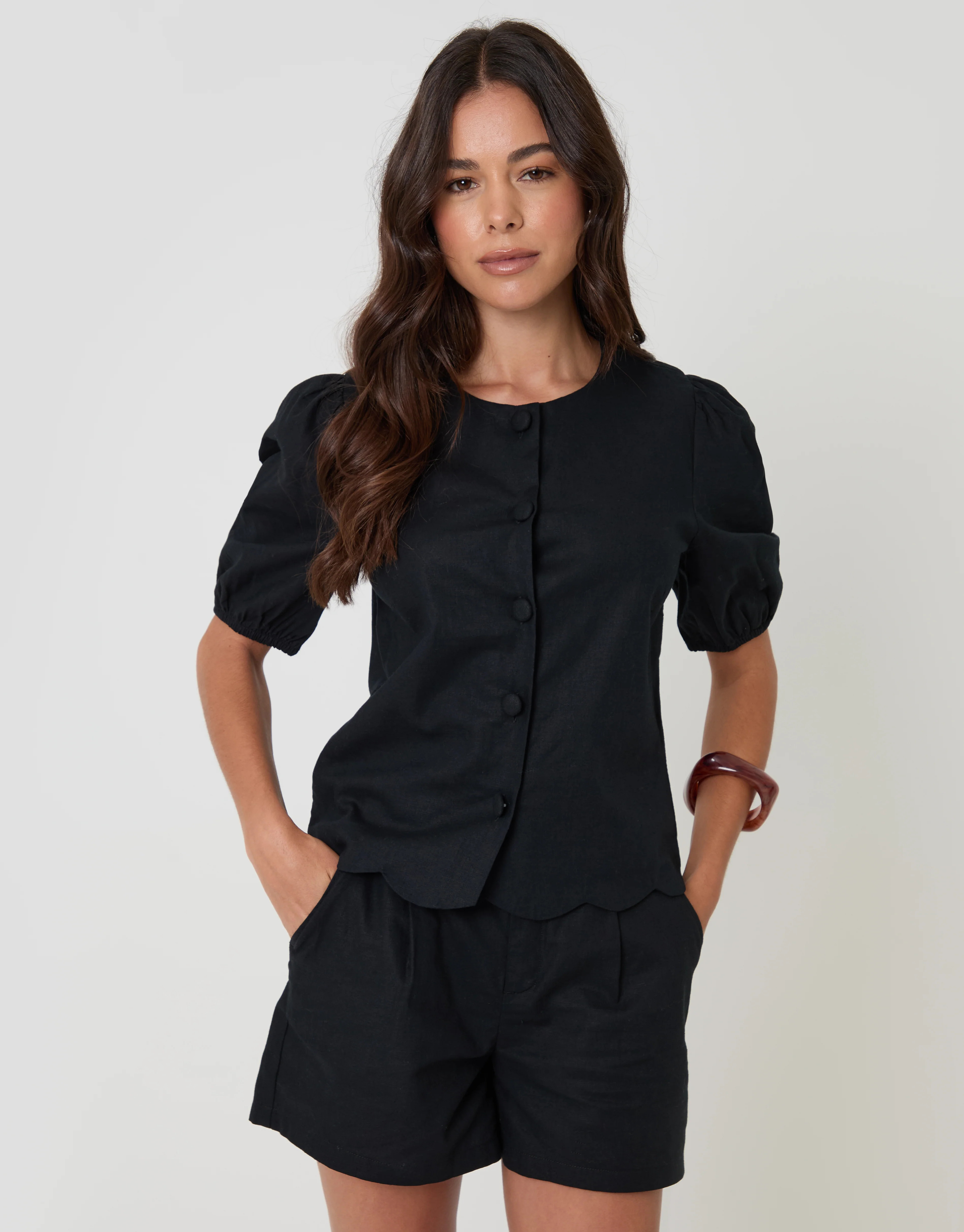 Black Linen Blend Puff Sleeve Top | Threadbare