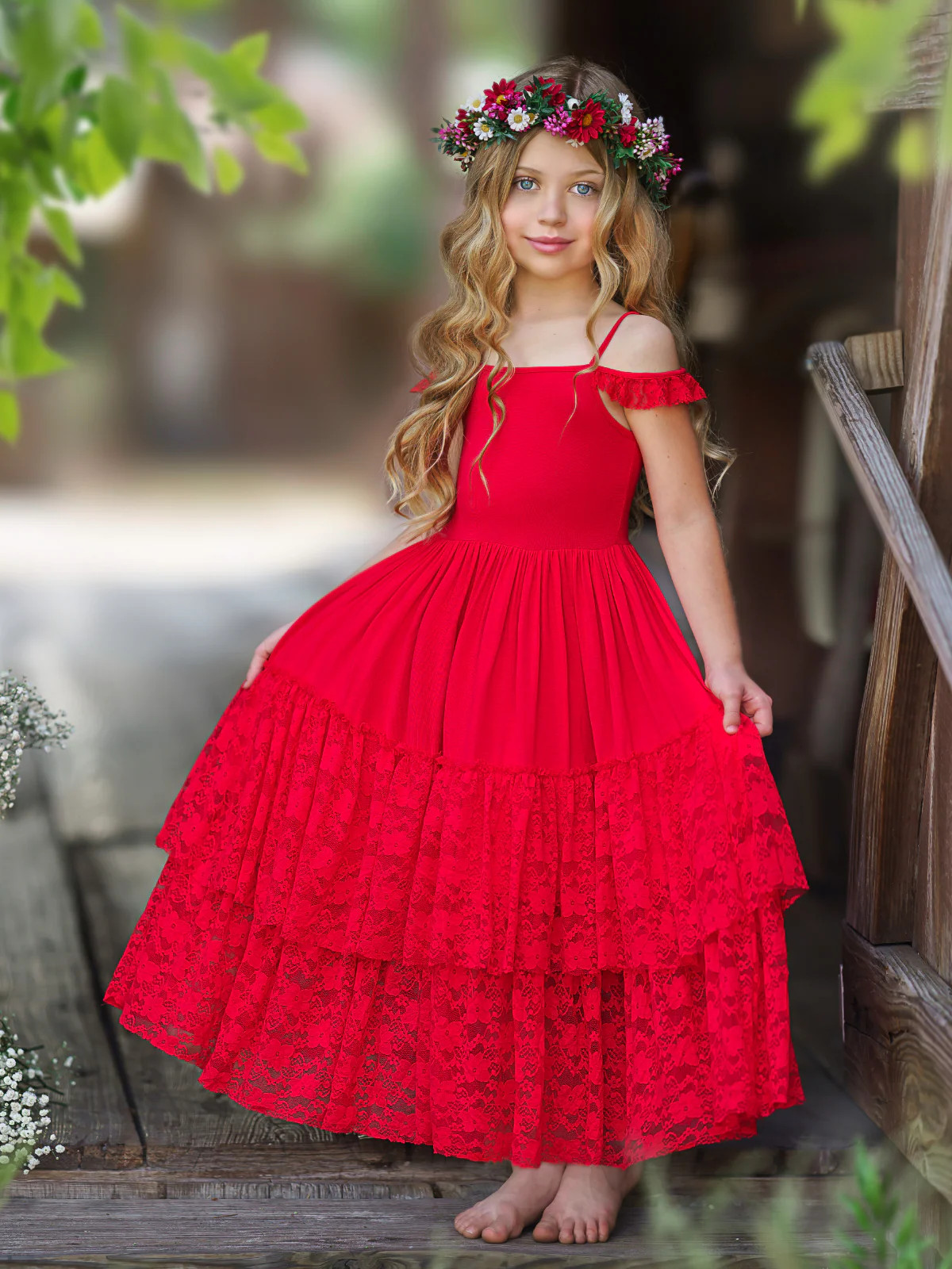 Ruby Red Tiered Lace Ruffle Maxi Dress | Mia Belle Girls