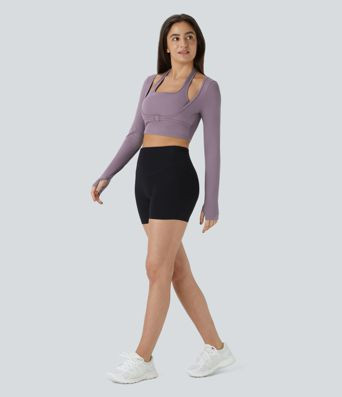 Women’s SoftlyZero™ Plush Halter Thumb Hole Long Sleeve Cropped 2-in-1 Yoga Sports Top - Hala... | HALARA