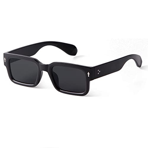 DQbhzh Black Rectangle Sunglasses for Men Women Trendy Square Frame Sun glasses Rivet Black Shades UV400 Protection (Shiny Black Frame Grey Lens) | Amazon (US)