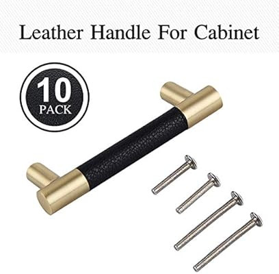 Bar Cabinet Handle Knob Pull Brushed Satin Gold/Brass Finish with Upholstered Black Leather 4.6" ... | Amazon (US)