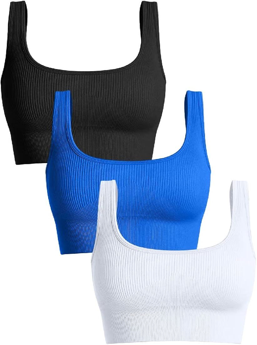 OQQ Women's 3 Piece Medium Support Tank Top Ribbed Seamless Removable Cups Workout Exercise Sport Br | Amazon (US)