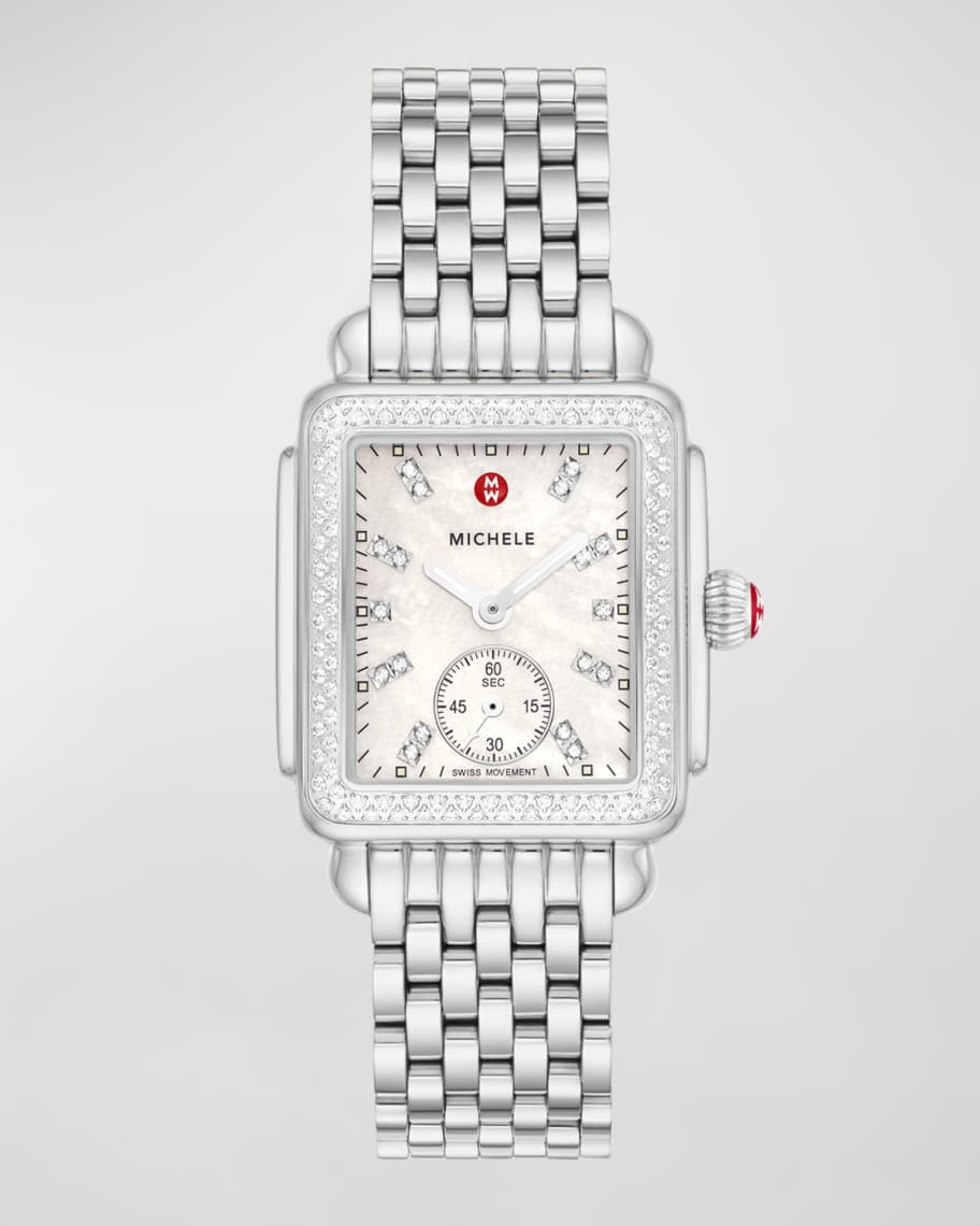 MICHELE Deco Mid Diamond and Mother-of-Pearl Dial Watch in Stainless Steel | Neiman Marcus