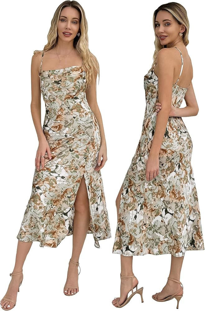 Wedding Guest Dress for Women Spaghetti Strap Satin Slip Cocktail Formal Midi Evening Party Dress... | Amazon (US)