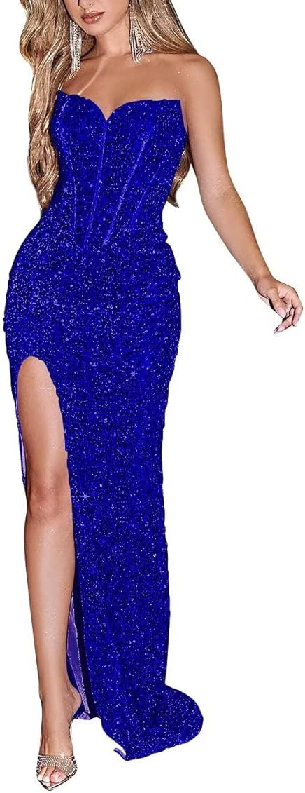 Women's Strapless Sequin Corset Prom Dress Long Mermaid Sparkly Glitter Formal Evening Gown with Sli | Amazon (US)