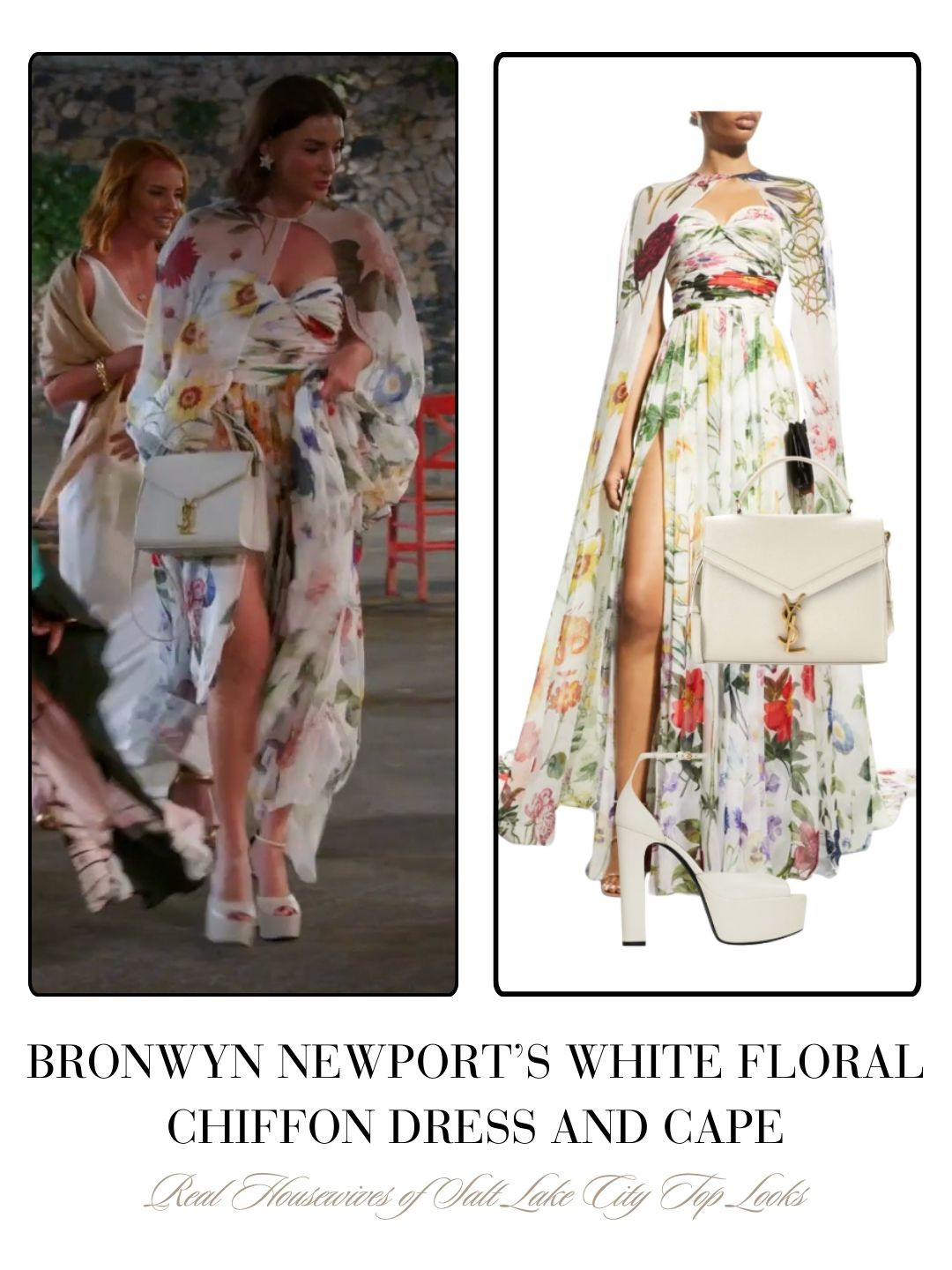 Bronwyn Newport’s White Floral Gown, Cape, Bag and Shoes on the Real Housewives of Salt Lake City Season 6 Finale 
