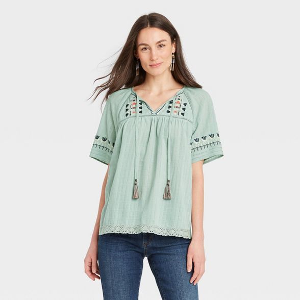 Women's Short Sleeve Embroidered Top with Tassels - Knox Rose™ Light Green | Target
