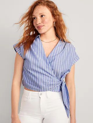 Wrap-Front Cropped Oxford Sarong Top for Women | Old Navy (US)