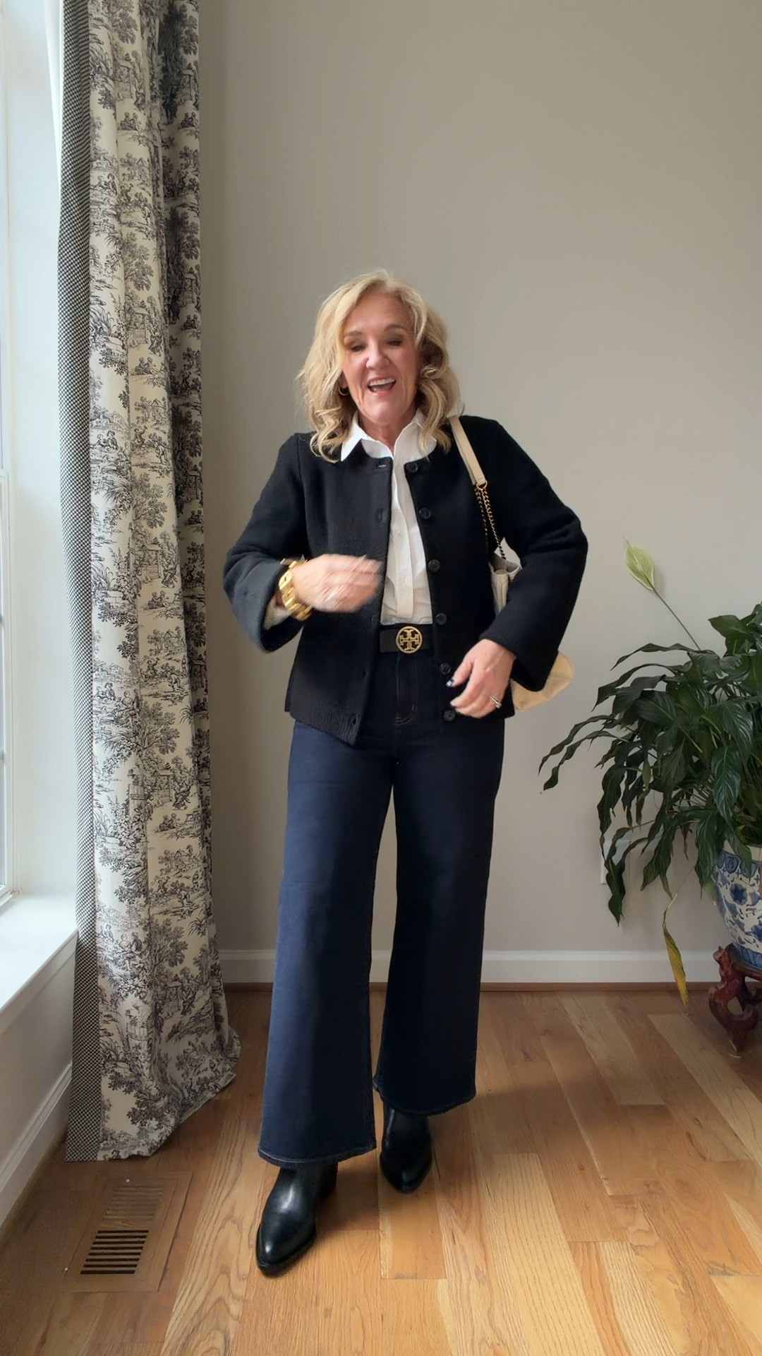 Quince elevated casual outfit for winter
The cardigan is a heavier cashmere. I did turn the cuffs back because they’re a bit long. I’m only 5 foot three. I tacked them with the micro stitch gun that I am linking.
The cotton blouse is a relaxed fit and does require ironing, but it’s a really nice cotton. I’m wearing a medium.
The wide leg Bella jeans in this dark indigo run a bit snug. They are a mid rise and I’m wearing the 29 waist 28 inseam.
I’m also wearing the tall black leather boots. I love that the jeans are wide enough to wear the boot underneath.

#LTKOver40 #LTKPetite #LTKWorkwear