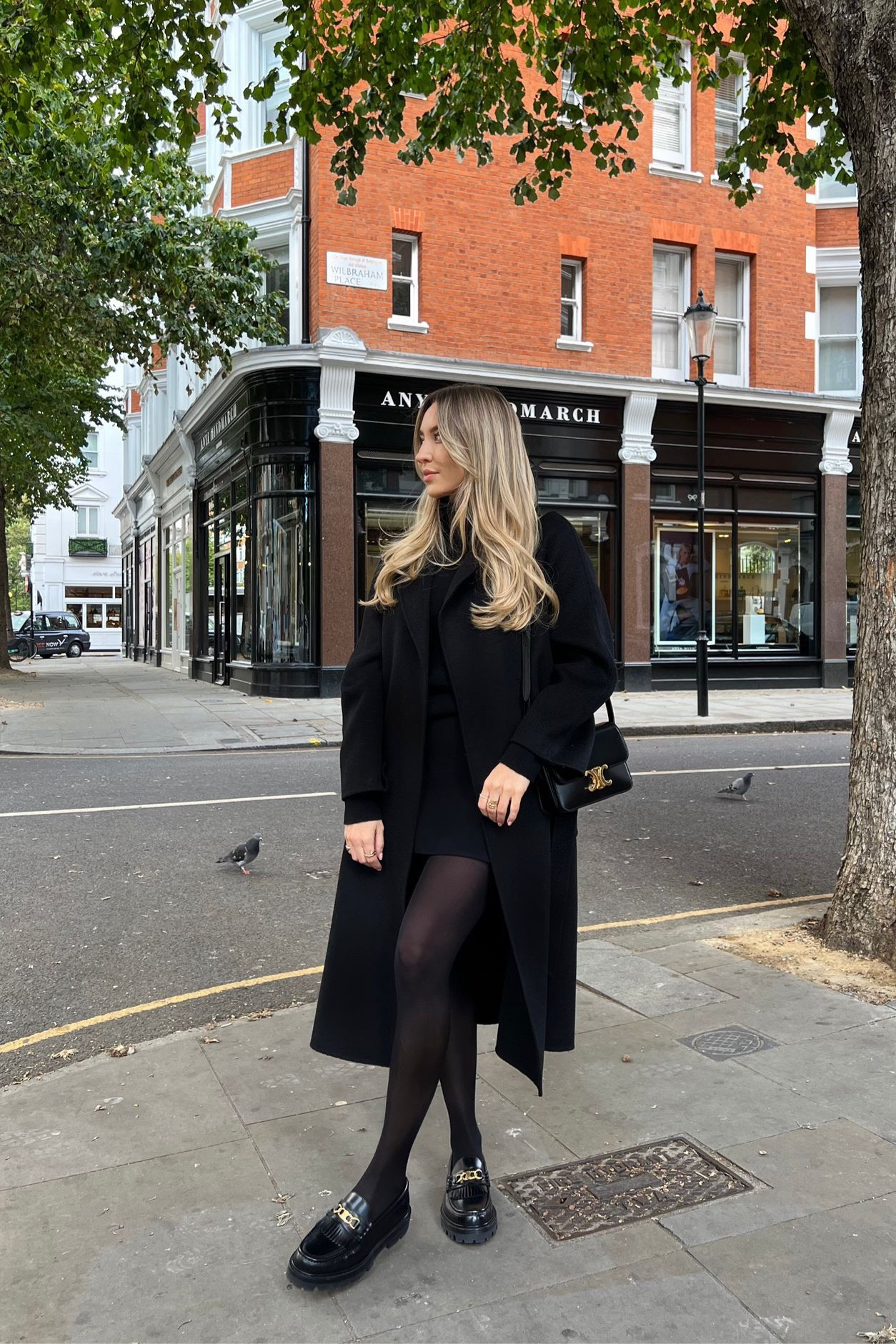 The perfect all black spring outfit - black knit jumper dress, black belted overcoat, black sheer tights, Celine loafers & Céline triomphe bag  

#LTKSeasonal #LTKstyletip #LTKeurope