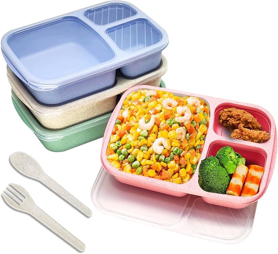SHALORY Bento Lunch Box,4pack 3 Compartments Reusable Wheat Straw Snack Containers Bento Snack Bo... | Amazon (US)