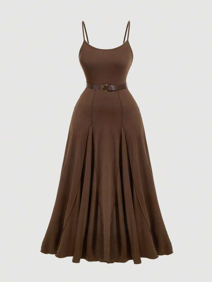 SHEIN MOD Plus Size Women Brown Long Dress With Belt,Extra Long Brown Dress With Belt, Dress,Holiday Outfits,Outfit,Boho,Long Dress,Sundress,Western Women Outfits,Birthday Dresses For Women | SHEIN