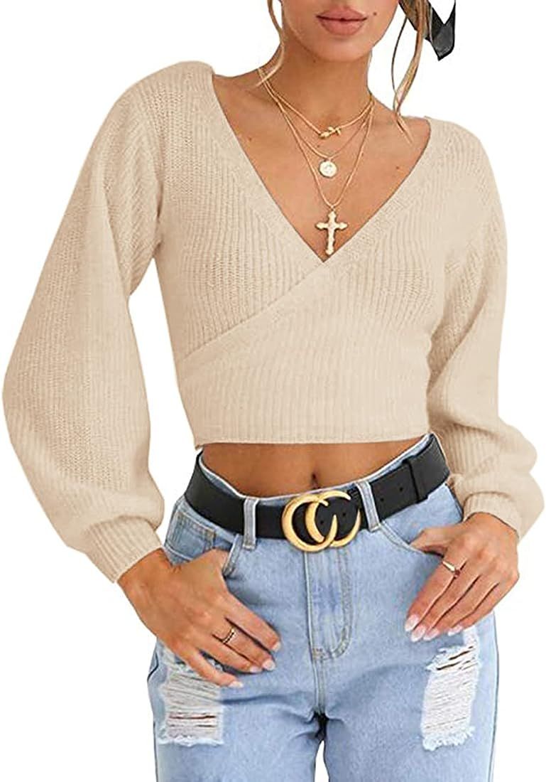 LOMON Women's Knitted Crop Deep V-Neck Long Sleeve Pullover Cross Wrap Front Loose Pullover Sweater | Amazon (US)