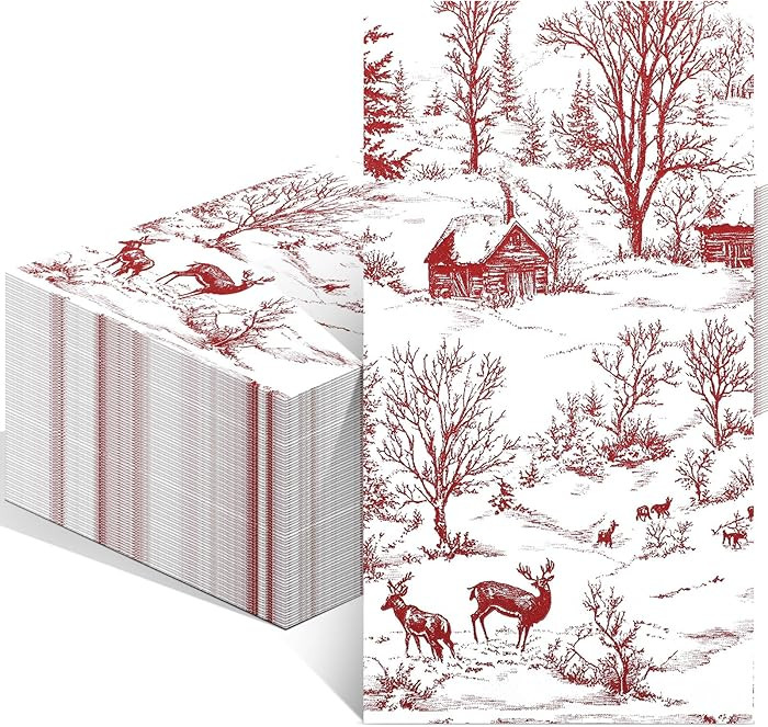 100 Pcs Christmas Toile Napkins Disposable Red Christmas Guest Napkins Xmas Toile De Jouy Style P... | Amazon (US)