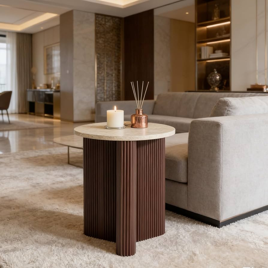 Merax Modern Round Side Table with Faux Marble Top & Brown Ribbed Base - Compact Round Coffee Tab... | Amazon (US)