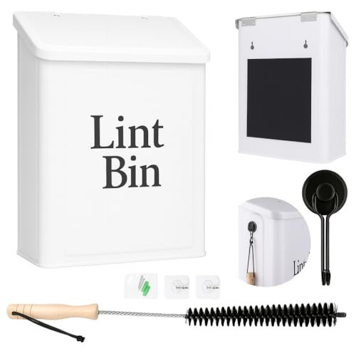 Magnetic Lint Bin for Laundry Room Organization & Storage, Wall-Mounted Dryer Lint Bin Trash Can with Lid, Lint Box Includes Brush, 2 White Hooks, 1 Black Hook, Screws & Magnet Glue (White) | Amazon (US)
