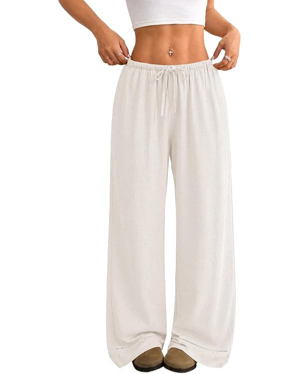 LOMON Women's Linen Pants Boho Wide Leg Summer Flowy Elastic Pants Lightweight Beach Vacation Out... | Amazon (US)