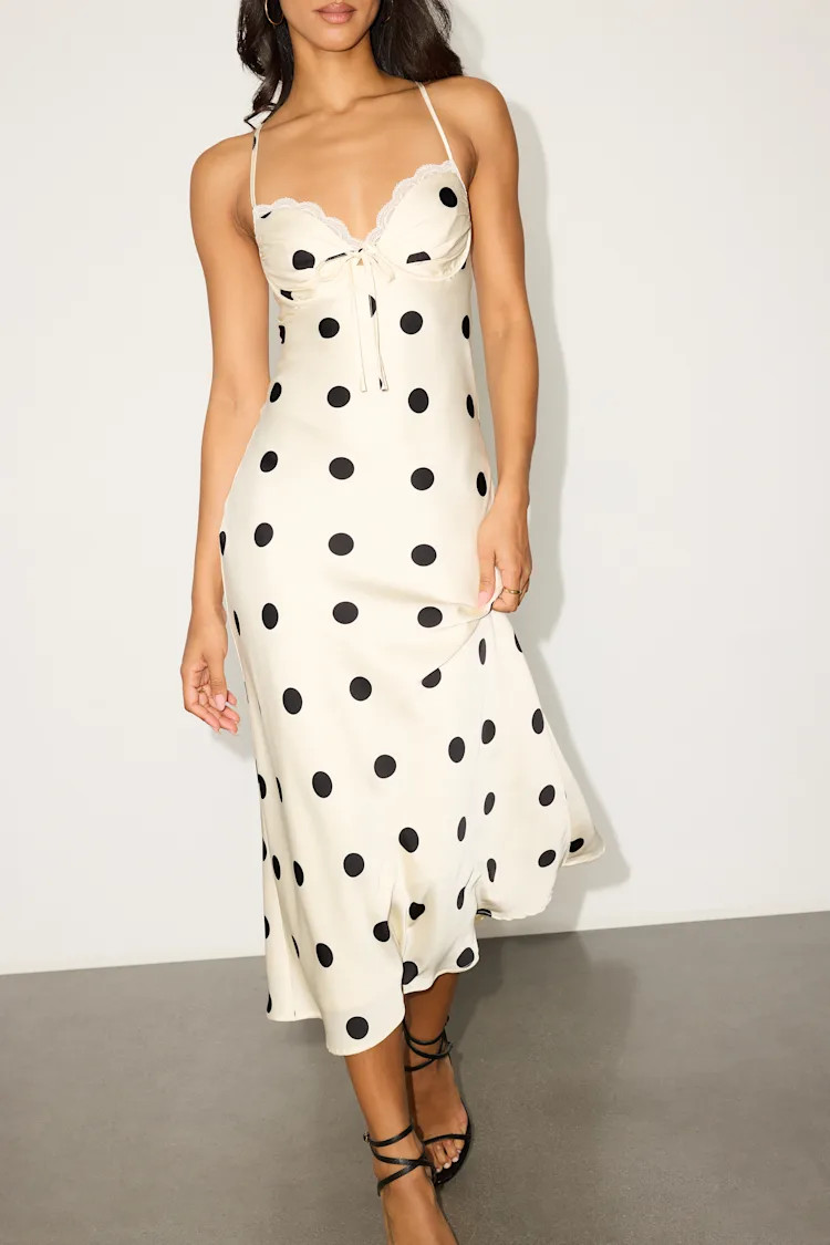 Maxime Ivory Polka Dot Satin Cowl Back Midi Dress | Lulus