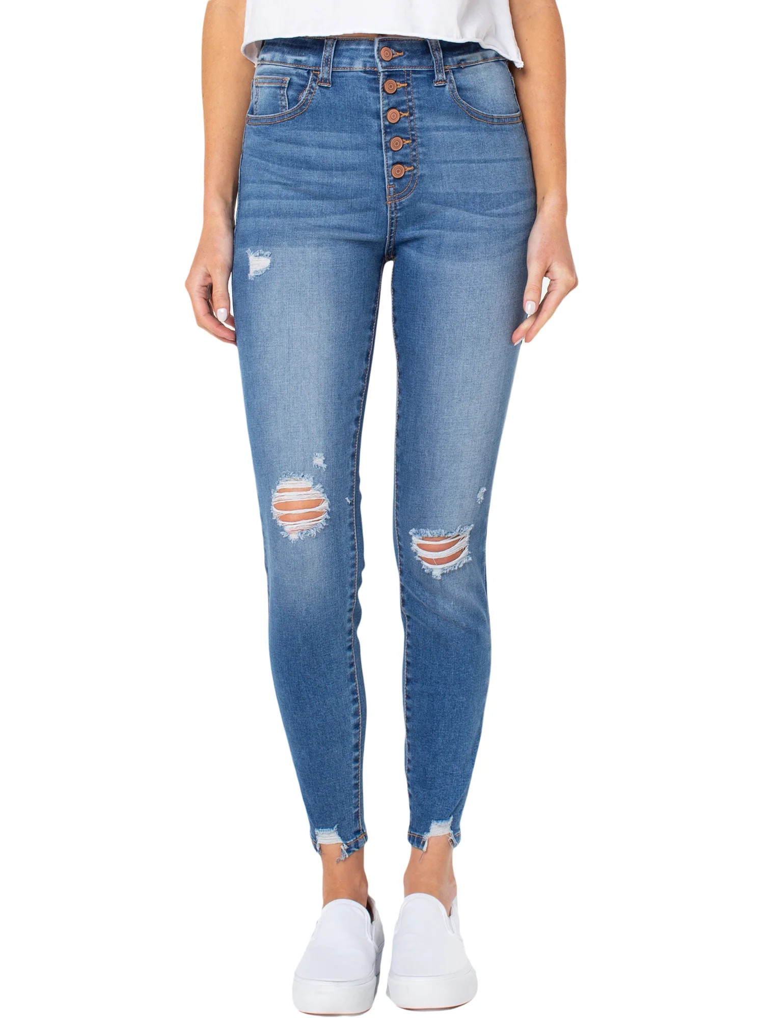 Celebrity Pink Junior Women's Curvy Exposed Button Skinny Jeans - Walmart.com | Walmart (US)