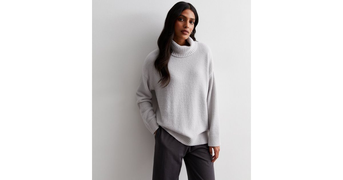 Pale Grey Fluffy Knit Roll Neck Longline Jumper | New Look | New Look (UK)