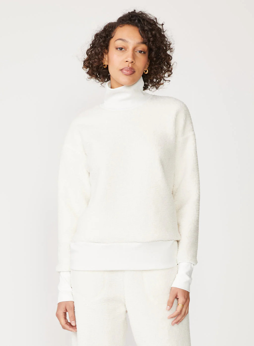 Double Faced Sherpa Long Sleeve Mock Neck Top in Cream | AVO