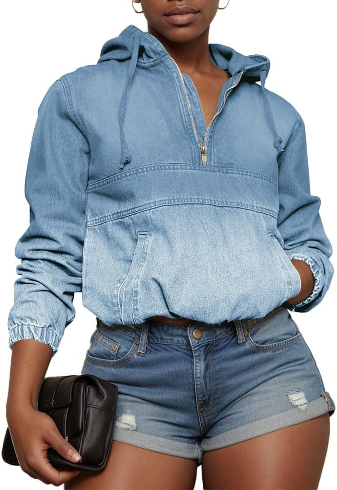 Women's Half Zip Denim Hoodie Pullover Jackets Jean Tops | Amazon (US)
