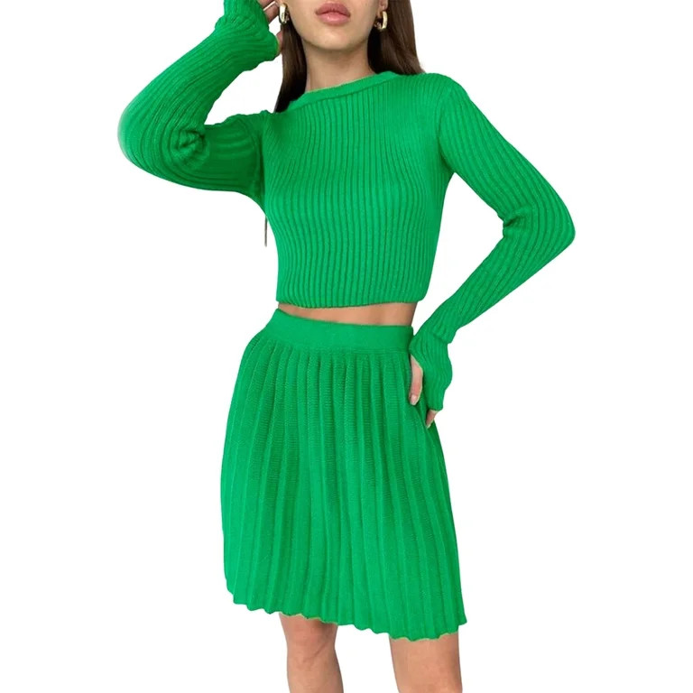 Lucakuins Women's Y2K 2 Piece Knit Outfits Long Sleeve Bodycon Crop Top Pleated Mini Skirt Set Sw... | Walmart (US)