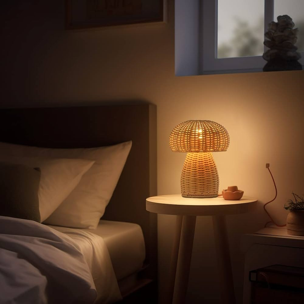 COOSA Rattan Table Lamp, Mushroom Beside Table Lamp, Pure Hand Weaving,Wicker Desktop Nightstand ... | Amazon (US)