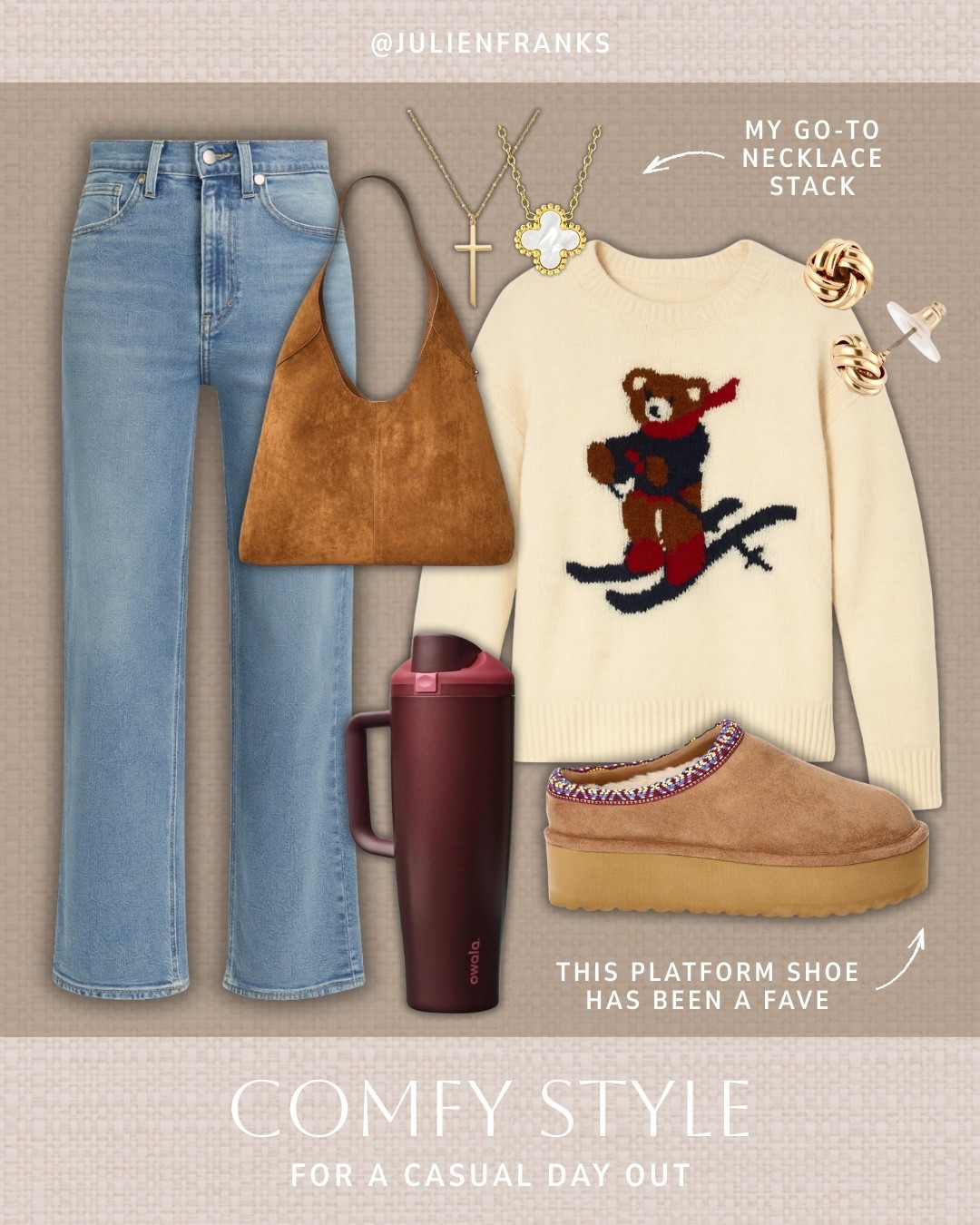 How adorable is this skiing bear sweater from Target? 🥰 Target sweaters are so soft & cozy, and I’m in love with the fun design on this one. Love this styled with my go-to necklace stack, and these staple platform mules from Walmart that are on sale now! Perfect for festive looks this winter season. 🤍

#targetfinds #denim #sweater #platformshoes #mules #walmartfinds #amazonfinds #salealert #owala #fauxsuede #suedebag

#LTKHoliday #LTKFindsUnder50 #LTKSeasonal