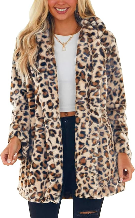 Omoone Women's Faux Fur Jackets Autumn Winter Leopard Coats Loose Fur Coat with Pockets | Amazon (US)