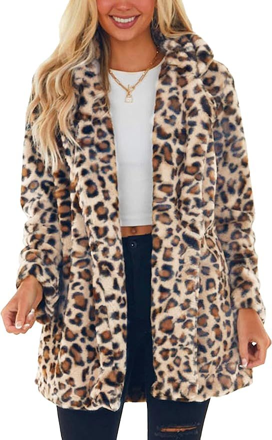 Omoone Women's Faux Fur Jackets Autumn Winter Leopard Coats Loose Fur Coat with Pockets | Amazon (US)