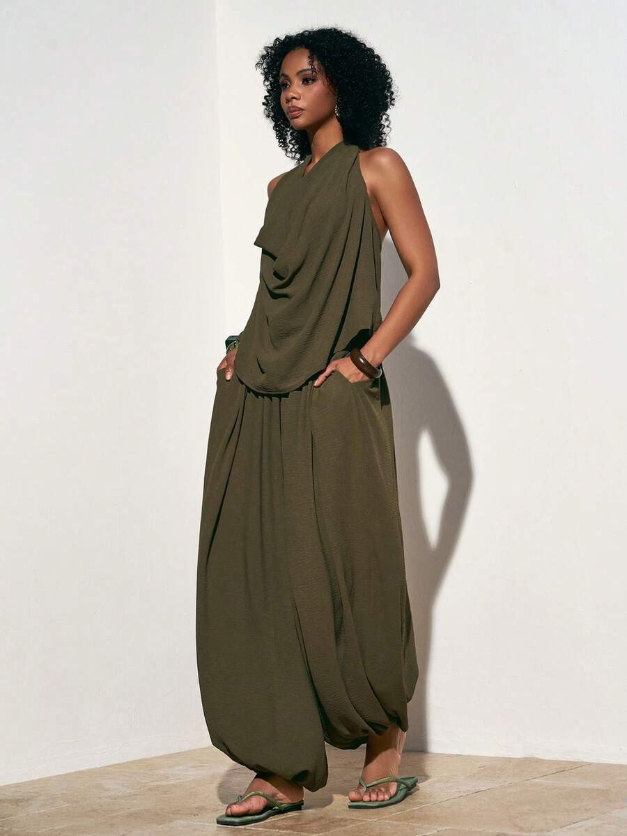 Zivah 2026 Spring/Summer Vacation Casual Draped Neck Backless Halter Top + Unique Pleated Lantern... | SHEIN