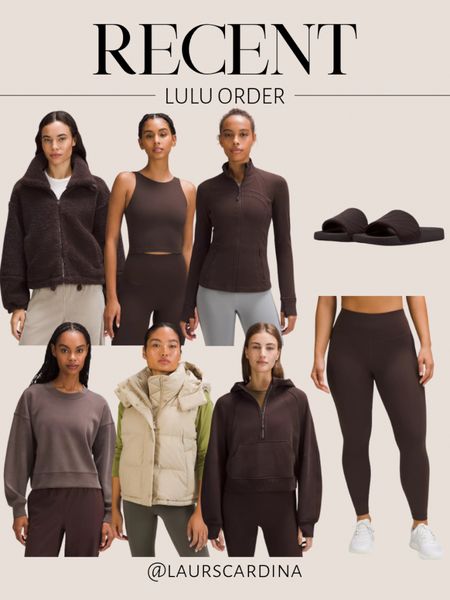 My recent Lululemon order includes zip ups, crewneck sweatshirts, a tank and legging set, puffer vest, and slides. 

Brown jacket, athleisure, workout outfit, yoga clothes, ootd, casual outfit 

#LTKstyletip #LTKfindsunder100 #LTKfitness