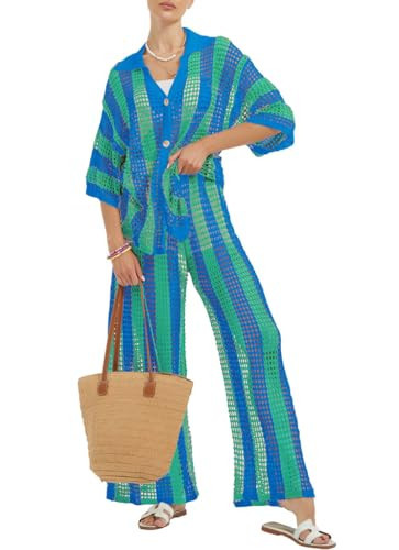 NIFTRIRY Womens 2 Piece Outfits Crochet Button Down Cover Up Top with Pants Beach Vacation Clothes for Women | Amazon (US)