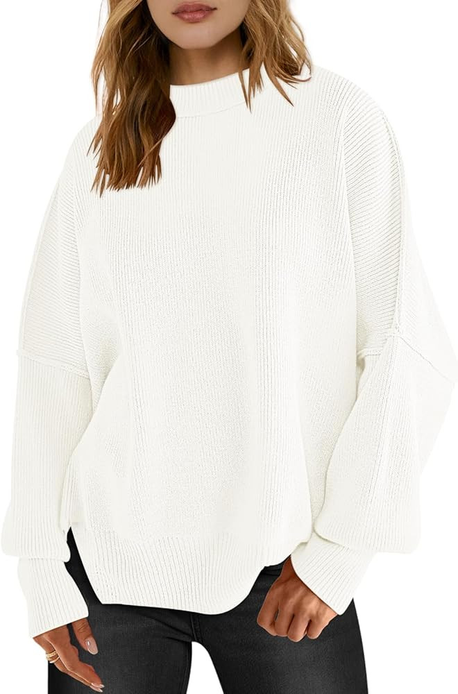 LOGENE Women's Oversized Batwing Long Sleeve Crewneck Side Slit Ribbed Knit Pullover Sweater Tops | Amazon (US)