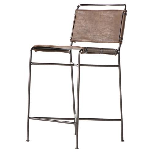 Oxton Industrial Dark Brown Seat Black Iron Frame Counter Stool | Kathy Kuo Home