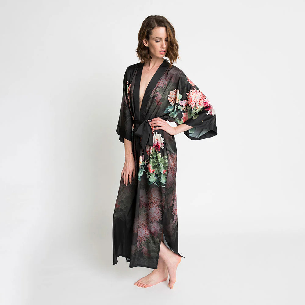Coral Chrysanthemum Long Kimono Robe | KIM+ONO