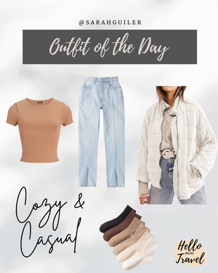 Ootd. Outfit of the day. Spring outfit inspo. Compression top. Quilted jacket. Spring jacket. Travel outfit. Abercrombie jeans. Outfit ideas. Amazon finds. Split hem jeans. Crop top. High waist jeans. 

#LTKunder100 #LTKstyletip