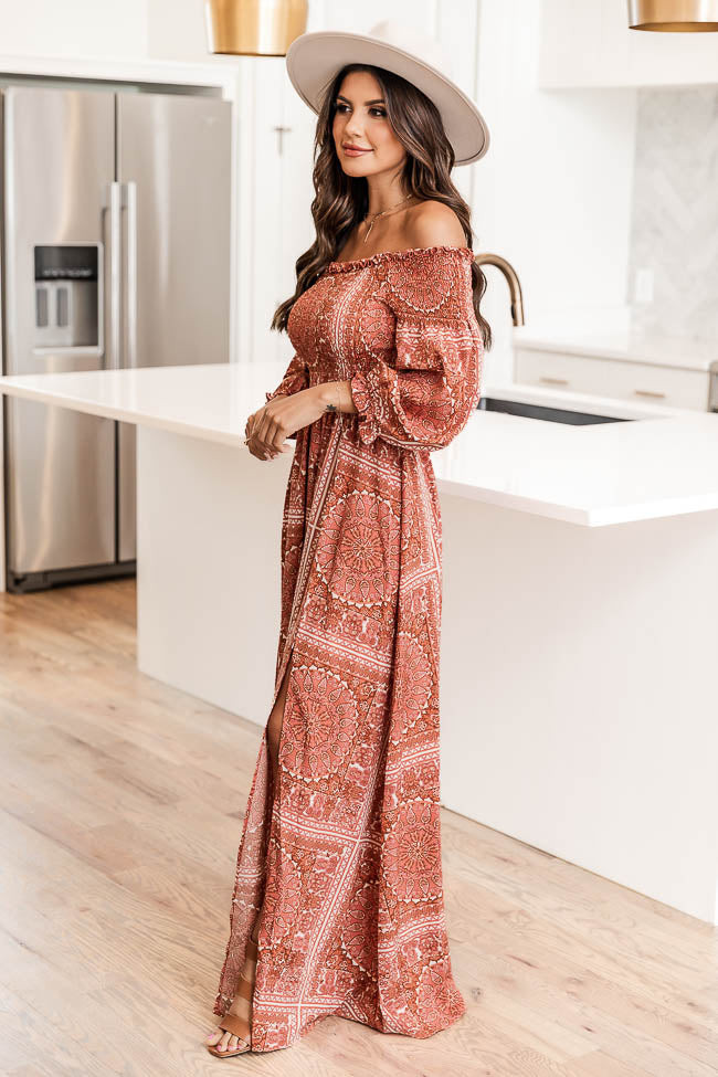 Sounds In My Mind Brick Smocked Bust Off The Shoulder Printed Maxi Dress | Pink Lily