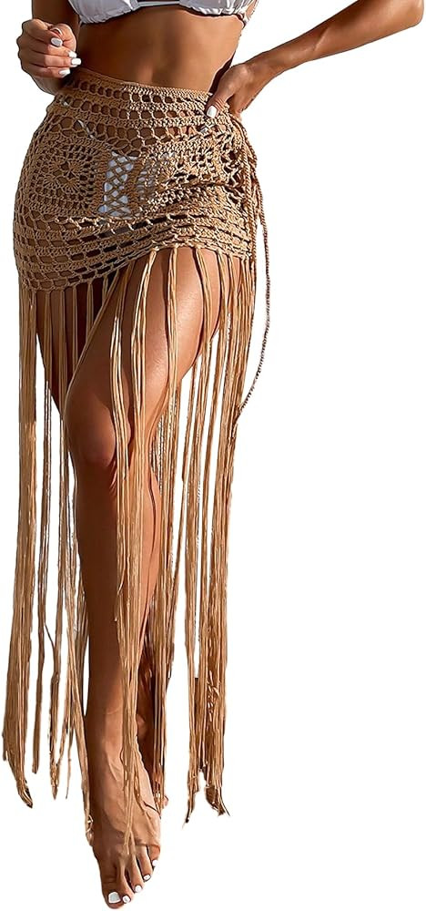Milumia Women's Crochet Swimwear Cover Up Skirt High Waisted Fringe Hem Beach Skirts | Amazon (US)