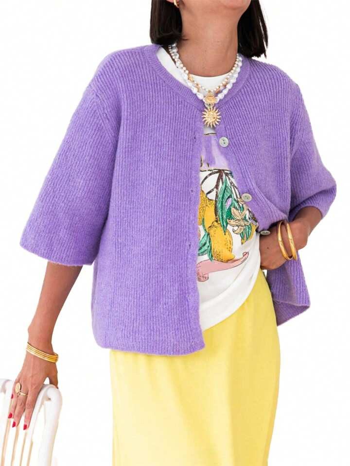 Women's Autumn Knit Cardigan Half Sleeve Round Neck Solid Color Button Up Knitwear | SHEIN