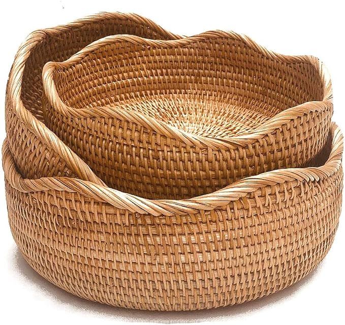 Handmade Rattan Round Fruit Basket Wavy Edge Serving Bread Weaving Food Storage Bowl (3-Size kit,... | Amazon (US)